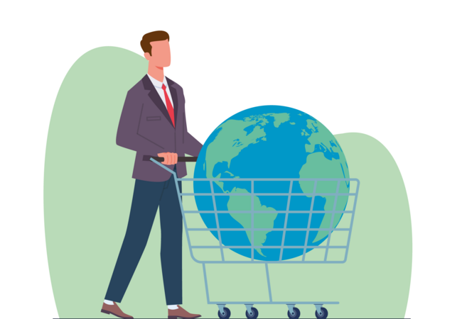 Illustration eines Menschens beim Einkaufen, im Einkaufswagen liegt unsere Erde